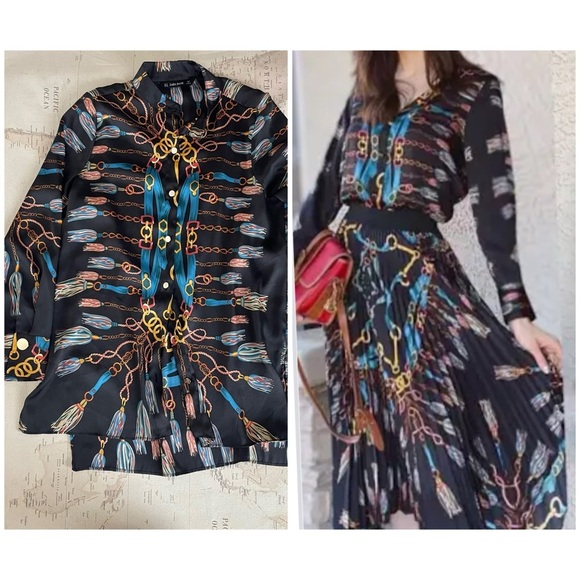 Zara Dresses & Skirts - ZARA BLOGGER FAVE
Black & Blue Chain Scarf Printed Long
Tunic Blouse Top Medium